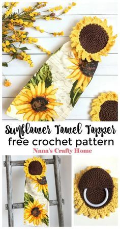 Crochet Pattern Sunflower, Crochet Towel Tops, Crochet Dish Towels, Crochet Topper, Crochet Towel Holders, Crochet Towel Topper, Crochet Kitchen Towels, Sunflower Crochet, Dishcloth Crochet Pattern