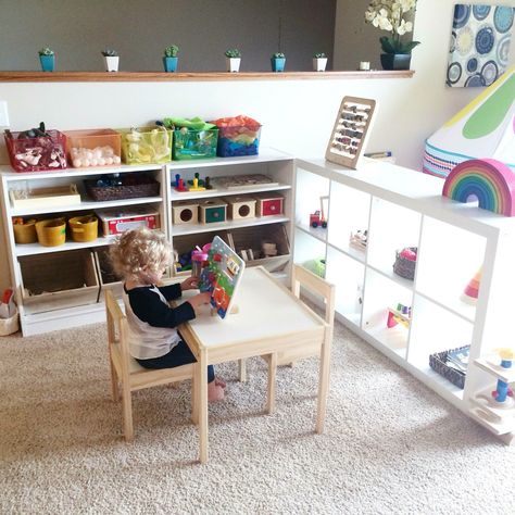 Playroom In Guest Room, Corner Play Area In Living Room, Play Corner In Living Room, Play Area In Living Room, Farmhouse Playroom, Toddler Room Organization, Playroom/living Room, Kid Friendly Living Room, Toddler Play Area