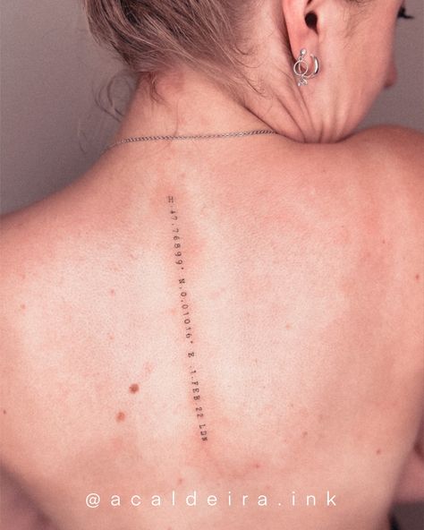 Spine Coordinates Tattoo, Coordinate Spine Tattoo, Feminine Coordinates Tattoo, Coordinates Spine Tattoo, Spine Tattoo Coordinates, Line Down Spine Tattoo, Morse Code Spine Tattoo, Lat Long Tattoo, Coordinates Tattoo Back