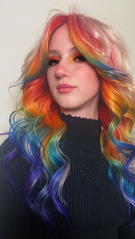 Dark Colorful Hair Ideas, Colorful Hair Dark Roots, Rainbow Peek A Boo Hair, White Hair With Rainbow Highlights, Rainbow Hair Sectioning, Bright Rainbow Hair, Brown Hair With Rainbow Underneath, Rainbow Hair Peekaboo, Rainbow Peak A Boo Highlights