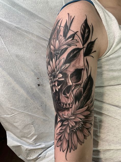 Skull Flower Shoulder Tattoo, Skeleton And Flowers Tattoo Sleeve, Skull Flower Mandala Tattoo, Flower Skull Tattoos For Women, Floral Skull Tattoos For Women, Half Sleeve Upper Arm, Pretty Skull Tattoos For Women, Female Skull Tattoo, Feminine Skull Tattoos For Women