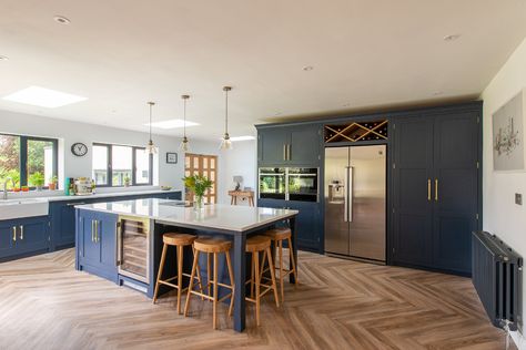 Canterbury Blue Kitchen — Herringbone Kitchen Herringbone, Kitchen Cabinet Dimensions, Blue Shaker Kitchen, French Country Kitchen Designs, Dark Blue Kitchens, Herringbone Kitchen, Decor Kitchen Ideas, Navy Kitchen, Open Plan Kitchen Diner