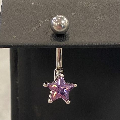 This Belly Button Ring Features A Silver Tone With Purple Star Crystal. Non Dangle Belly Rings, Amethyst Belly Button Piercing, Purple Belly Piercing, Belly Button Piercing Purple, Silver Belly Piercing, Top And Bottom Belly Piercing, Belly Button Piercing Ideas, Belly Button Piercings, Cute Belly Rings