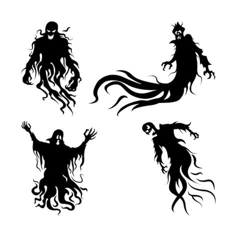 Evil ghosts silhouettes collection | Premium Vector #Freepik #vector #evil #ghost #ghost-cartoon #ghost-house Ghost Silhouette, Person Silhouette, Floating Ghosts, Ghost Tattoo, Silhouette Tattoos, Halloween Silhouettes, Tattoo Stencil Outline, Tattoo Stencils, Diy Halloween Decorations