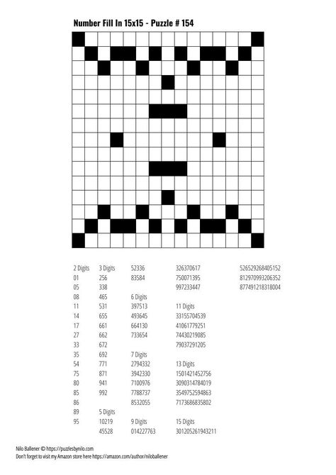 Free Downloadable Puzzle Number Fill In 15x15 # 154 — Puzzles By Nilo Number Fill In Puzzles Free Printable, Fill In Puzzles Free Printable, Number Fill In Puzzles, Fill In Puzzles, Free Puzzles, Book Cafe, Wanting More, Train Your Brain, Puzzle Books