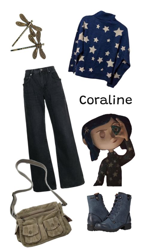 Coraline Blue Sweater, Coraline Star Sweater Outfit, Coraline Star Outfit, Crochet Coraline Sweater, Coraline Outfit Ideas, Coraline Aesthetic Outfit, Coraline Clothes, Coraline Star Sweater, Star Sweater Outfit