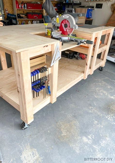 DIY Mobile Workbench with Table Saw & Miter Saw - Bitterroot DIY How To Build Work Bench, Workbench With Table Saw And Miter Saw, Diy Workbench With Table Saw, Diy Workbench With Miter And Table Saw, Diy Shop Work Bench, Ultimate Workbench Plans, Mobile Workbench With Table Saw, Diy Mobile Workbench Plans, Woodworking Table Workbenches