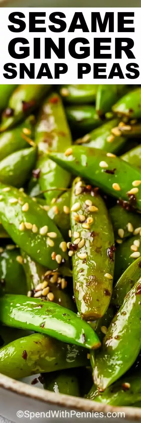 Snap Peas are sauteed in a garlic-ginger sauce, then tossed with toasted sesame seeds once they're tender! Serve with Sesame Chicken and Chow Mein for Chinese take out, made at home! #spendwithpennies #sesamegingersnappeas #recipe #sidedish #snappeas #stovetop Sugar Snap Pea Recipe, Snap Peas Recipe, Chinese Take Out, Sesame Ginger, Ginger Sauce, Pea Recipes, Ginger Snap, Sesame Chicken, Ginger Recipes