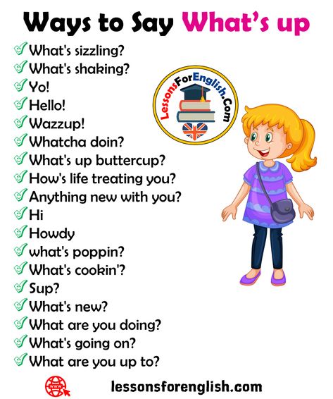 18 Ways to Say What’s up in Speaking What’s sizzling? What’s shaking? Yo! Hello! Wazzup! Whatcha doin? What’s up buttercup? How’s life treating you? Anything new with you? Hi Howdy what’s poppin? What’s cookin’? Sup? What’s new? What are you doing? What’s going on? What are you up to? How To Say How Are You, What Are You Doing, American Slang Words, Choice Quotes, Whatcha Doin, English Pronunciation Learning, English Phrases Sentences, Other Ways To Say, English Learning Spoken