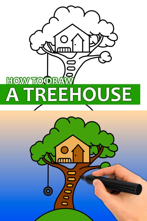 Learn how to draw a simple treehouse with this step by step drawing tutorial video. Enjoy! ♥ #treehouse #treehousedrawing #treehouseart #howtodraw #easydrawingforkids #easydrawing #drawingtutorial How To Draw A Treehouse, Tree House Drawing, Simple Tree House, Tree House Kids, Easy Cartoon Drawings, Easy Drawings For Kids, Drawing Tutorial Easy, House Drawing, Tree Drawing