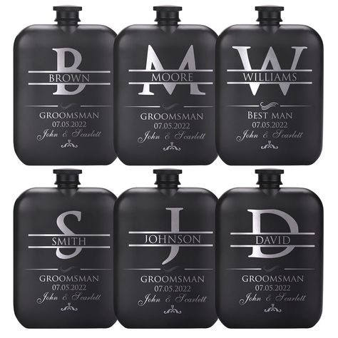 PRICES MAY VARY. PERFECT GIFT FOR PERFECT TEAM: A groom is as strong as his groomsmen. Our Personalized Curved Edge Flask will make your special day unforgettable, and it will be a memory of the days you will remember with your groomsmen even after many years. FREE CUSTOMIZATION: After clicking the 'Customize Now' button, you can write the names of the groomsmen, ring bearer, or best man. You will be able to write titles right after. After adding the date of the special day and the name of the g Wedding Party Gifts For Groomsmen, Grooms Men Gifts Ideas, Customized Wedding Favors, Christmas Engagement Proposal, Black White Gold Wedding Theme, Men Gifts Ideas, Country Wedding Groomsmen, Groomsmen Ring, Brown Groomsmen