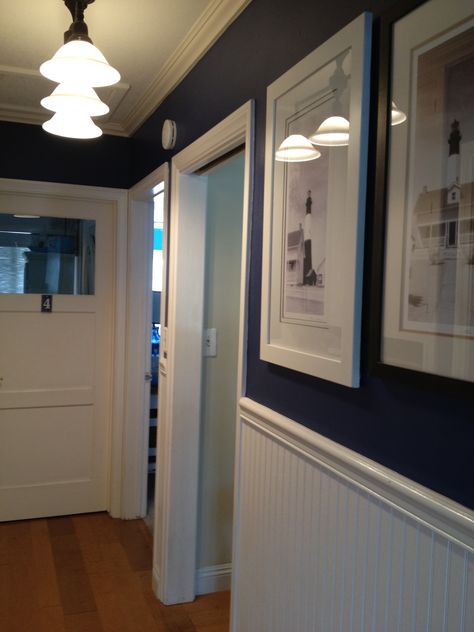 Navy and White Hallway Blue And White Hallway, White Hallway, Hallway Colours, Hallway Inspiration, Dream Beach Houses, Hallway Ideas, Hallway Decorating, White Houses, Navy White