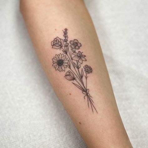 Bouquet Of 5 Flowers Tattoo, Inspirational Saying Tattoos, Sun Flower Bouquet Tattoo, Tattoo Ideas Flower Bouquet, Small Bundle Of Flowers Tattoo, Small Wildflower Bouquet Tattoo, Flour Bouquet Tattoo, Flower Bouquet Forearm Tattoo, Wildflower Forearm Tattoo Women