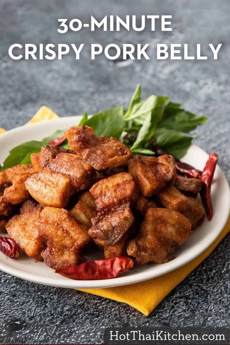 30-Min Crispy Pork Belly Thai-Style Fast Pork Belly Recipes, Thai Fried Pork Belly, Pork Belly Chips, Salt And Pepper Pork Belly, Thai Pork Belly, How To Cook Pork Belly, Korean Pork Belly Recipes, Pork Belly Marinade, Easy Pork Belly