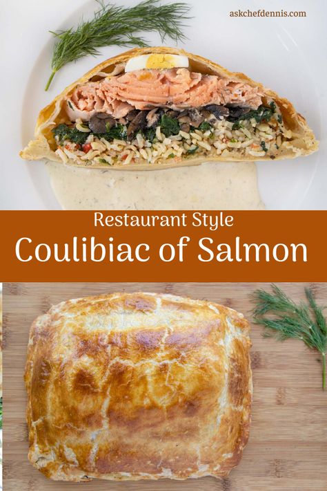 You'll love my Coulibiac of Salmon. Tender salmon layered with rice, spinach and mushrooms, wrapped in puffed pastry and served with a dijon dill sauce. Dijon Dill Sauce, Solstice Recipes, Salmon Wellington, Puffed Pastry, Savoury Tarts, Fish Dinners, Hungry Eyes, Russian Dishes, Cod Recipe