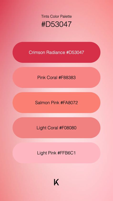 Tints Color Palette Crimson Radiance #D53047 · Pink Coral #F88383 · Salmon Pink #FA8072 · Light Coral #F08080 · Light Pink #FFB6C1 Dti Pattern Palette, Salmon Pink Color Palette, Salmon Color Palette, Coral Colour Palette, Fiery Sunset, Salmon Pink Color, Monochromatic Color Palette, Hex Color Palette, Color Palette Pink