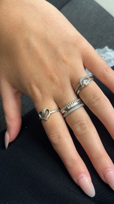 Stacked Rings Aesthetic Silver, Silver Rings Stack Aesthetic, Ring Stacks Silver, Silver Ring Stacking Ideas, Ring Stacking Ideas Silver, Ring Astethic, Silver Stack Jewelry, Stacked Silver Jewelry, Silver Jewellery Stack