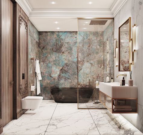 Modern Toilet Design, Quartzite Bathroom, Wallpaper Bathroom Ideas, Architecture Cottage, Green Marble Bathroom, Wallpaper Bathroom, Spa Like Bathroom, Modern Toilet, Toilet Design