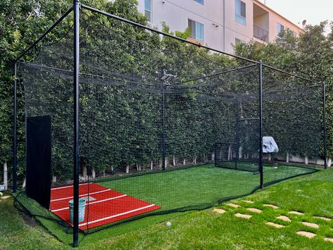 Backyard Hitting Cage, Baseball Backyard Ideas, Sports Backyard Ideas, Diy Batting Cage Pvc, Backyard Wiffle Ball Field, Outdoor Batting Cage Ideas, Backyard Batting Cage Ideas, Batting Cage Backyard Diy, Baseball Backyard