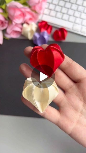 Ribbon Crafts Diy Easy, What To Do With Ribbon, Ribbon Folding, Ribbon Heart, Heart Ribbon, Ribbon Crafts Diy, 3 Hearts, Paper Ribbon, Heart Crafts