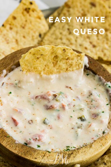 This Easy White Queso Dip is made with three kinds of cheese. It's spicy, creamy, and will become a new family favorite! #cheese #dip #TexMex #recipe Captain Rodney's Dip, Easy White Queso Dip, Easy White Queso, Dip Recipies, Dip Night, Spicy Queso Dip, Queso Dip Crockpot, Texmex Recipes, White Queso Dip Recipe