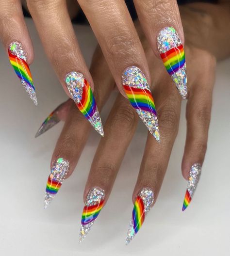 DM for Booking on Instagram: “❤️💛🧡💙💚💜 used @valentinobeautypure Gels for this@little cute rainbow.  #teamvalentino #gaymonthpride #rainbownails #longstilettonails…” Nail Designs Rainbow Colors, Pride Stilleto Nails, Pride Ally Nails, Gay Pride Nails Designs, Pride Nails Acrylic Coffin, Rainbow Stiletto Nails, Rainbow Unicorn Nails, Stilleto Nails Long, Rainbow Pride Nails