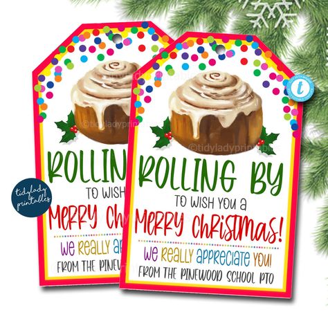 "Christmas Cinnamon Roll Appreciation gift tags! * All text is editable so personalize how you wish These cute holiday appreciation thank you gift tags are perfect for using for so many people/events in your life.  Use for pto groups, teachers, staff, coworkers, employees, volunteers, nurses and more   TEMPLATE FORMATTED SIZES: size of tag is 2.75x4\"  print 8 per page by going to download - pdf - click on \"save paper\" IMPORTANT: This is a DIY self-editing digital, printable product - I do not December Employee Appreciation Ideas, Holiday Staff Gifts, Christmas Snack Cart For Teachers, December Staff Appreciation Ideas, Christmas Volunteer Appreciation Gifts, Winter Teacher Appreciation Ideas, December Teacher Appreciation Ideas, Christmas Teacher Appreciation Ideas, Cinnamon Roll Gift