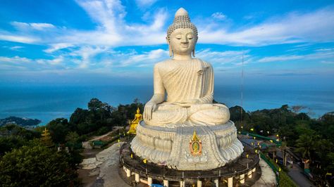 Big Buddha in Karon, Phuket is one of the most iconic viewpoints on the island. Phuket City, Phitsanulok, Theravada Buddhism, Marriott Resorts, Patong Beach, Mahayana Buddhism, Big Buddha, Phuket Thailand, Air France