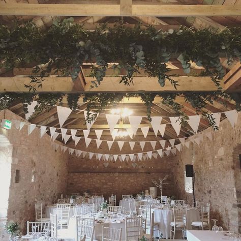 White bunting and foliage - barn wedding, Wedderburn Barns White Bunting, Village Hall Wedding, White Wedding Decorations, Barn Parties, Wedding Bunting, Party Barn, Wedding Display, Scottish Wedding, Castle Wedding