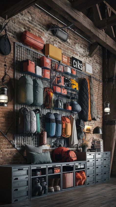 An industrial loft with a DIY metal camping gear wall, organizing outdoor gear in a functional and stylish way. Camping Gear Wall, Diy Camping Gear, Gear Room Organization, Gear Room Ideas, Outdoor Gear Organization, Outdoor Gear Storage, Camping Room, Camping Gear Diy, Industrial Lofts