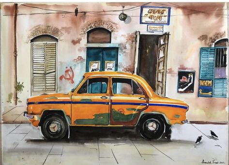 Kolkata Painting, Taxi Drawing, Car Scene, Alpona Design, Bengali Art, East India Company, Female Art Painting, British Empire, Architecture Painting