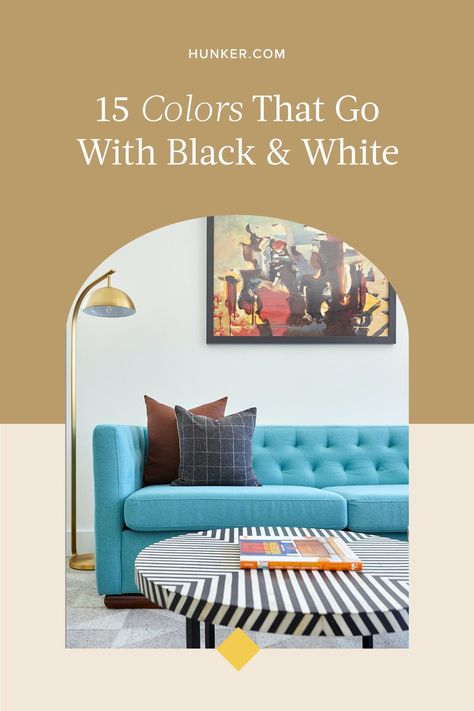 Whether you want to add a bit of drama to your black and white bathroom or you have dreams of warming up your monochrome living room, we invite you to consider the following color ideas. #hunkerhome #wallcolorideas #wallcolors #blackandwhitedecor Black And White Interiors With Pop Of Colour, White Rooms With Pops Of Color, Adding Color To Black And White Room, What Colors Go With Black And White, Accent Color For Black And White, Black And White Bathroom With Color Pop, Black And White With Pop Of Color Decor, Colors That Compliment Grey, Living Room Design Black