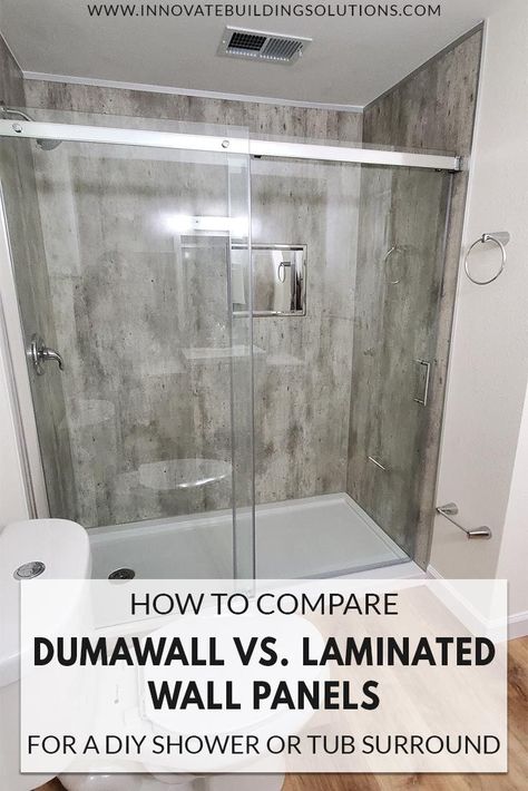 Dumawall vs Laminate Shower Wall Panels. The important things you need to know before you decide to buy your shower surround! Innovate Building Solutions | #LaminateWallPanels #BathroomRemodel #ShowerDesign #Dumawall #DumawallInstall | Wall Panels | bathroom remodel | Shower remodel | Dumawall Bathroom Inserts Shower Surround, Tub Surround Panels, Shower Laminate Panels, Laminate Shower Wall Panels Diy, Waterproof Laminate Diy Shower & Bathroom Wall Panels & Kits, Shower Wall Panels Tub Surround, Faux Shower Tile Panels, Laminated Shower Wall Panels, Diy Shower Wall Ideas