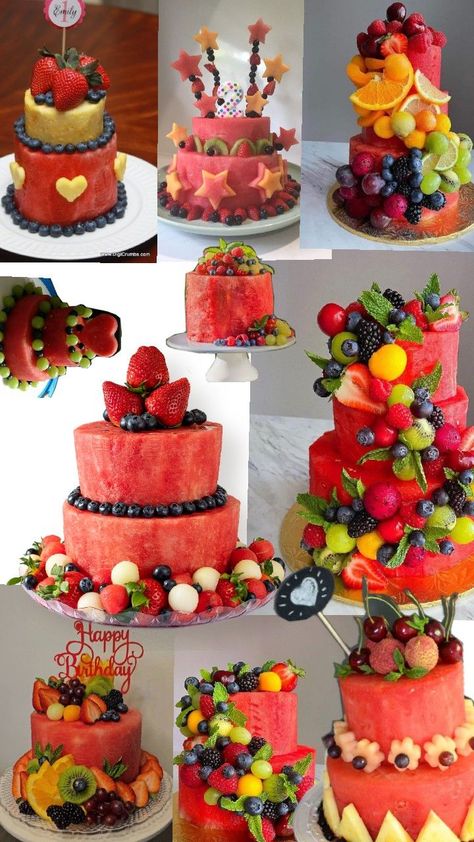 watermelon cake Butterfly Baby Shower Cake, Fruit Presentation, Edible Fruit Arrangements, Fruit Birthday Cake, Fruit Cake Design, Deco Fruit, Fresh Fruit Cake, Fiesta Cake, Fruit Platter Designs