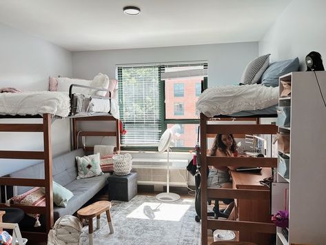 welcome to New River Hall! this is the layout of our new dorm!! so excited for freshman year!! Loft Bed With Couch, Bed With Couch, Lofted Dorm Beds, Bed Idea, Dorm Bed, College Bedding, App State, New River, College Dorm Rooms