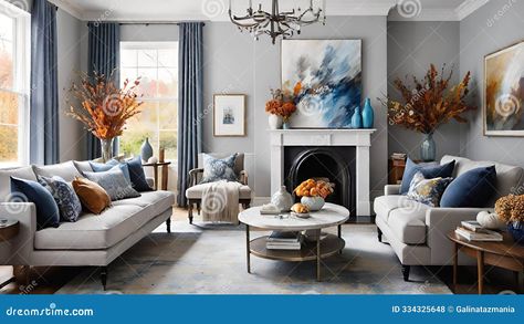 AI Generated illustration of interior cosy airy fresh living room with light grey walls and sofas, blue curtains and pillows, fireplace and autumn leaves decorations Pillows Fireplace, Autumn Leaves Illustration, Blue Curtains Living Room, Fresh Living Room, Blue Autumn, Light Grey Walls, Simple Sofa, Cosy Living, Cosy Living Room