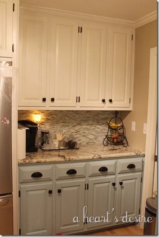 Cabinet Paint: Top, Behr Swiss Coffee Bottom, Benjamin Moore Gossamer Blue, granite is Cosmos granite color Vintage Two Tone Kitchen Cabinets, Refacing Kitchen Cabinets, Two Tone Kitchen, Cabinet Ideas, Kitchen Redo, Kitchen Paint, Painting Kitchen Cabinets, Farmhouse Sink, Counter Tops