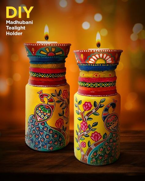 Diwali Exhibition Ideas, Terracotta Clay Art, Diya Colouring Ideas, Candle Design Ideas Creative, Diy Tealight Holder, Candle Holders Diy, Bottle Art Projects, Diya Decoration Ideas, Diya Decoration