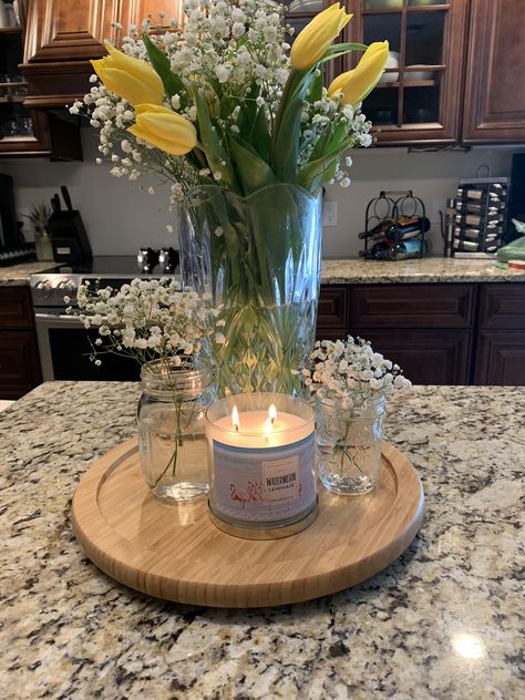 Center Piece For Small Kitchen Table, Center Piece Kitchen Island, Candles On Kitchen Island, Centerpiece Ideas For Kitchen Island, Center Piece Ideas For Home, Country Dining Table Centerpieces, Centerpieces For Small Kitchen Table, Center Piece Tray For Dining Table, Center Piece For Islands