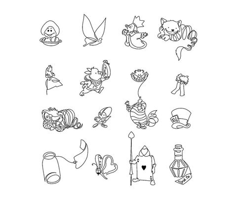 Disney Flash Sheet Tattoo, Mini Alice In Wonderland Tattoo, Disney Filler Tattoo Ideas Gap, Disney Tattoos Alice In Wonderland, Matching Alice In Wonderland Tattoos, Tiny Alice In Wonderland Tattoo, Alison Wonderland Tattoos, Alice In Wonderland Line Art, Tiny Disney Tattoos Simple