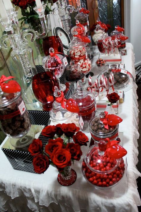 Red Candy Bar Ideas, Red And Black Treat Table Ideas, Red Sweet 16 Decorations Candy Table, Black And Red Candy Table, Red And White Dessert Table, 50 Shades Of Red Party Ideas, Red White And Black Party Decorations, Red And White Sweet 16, Red Black And White Birthday Party Ideas