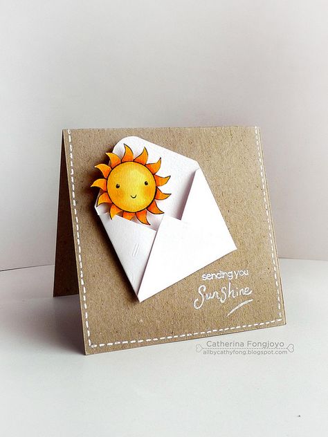 Sending you sunshine sentiment matched with an envelope and sweet watercolored sun popping out... Summer Cards, Encouragement Cards, Birthday Cards Diy, Penny Black, Get Well Cards, Card Tags, Creative Cards, Simple Cards, Paper Cards