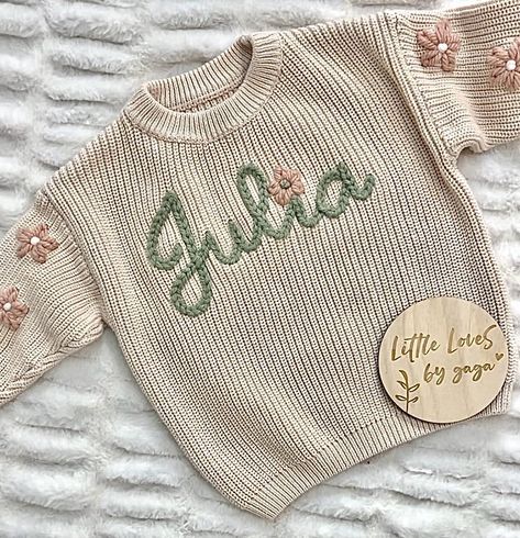 Happy Monday friends! Let me help you create a one of a kind baby gift for your bestie 🤍 Send me a DM and we can chat about some of my favorite sweater/yarn color combos and sizing. My turnaround time is currently 2-3 weeks. Sweater pricing guide is in the first pinned post. Have a great week 🤗 Embroider Sweaters, Embroidery Sweater Ideas, Sweater Embroidery Ideas, Embroidery Sweater Diy, Diy Embroidery Gifts, Embroidery Sweaters, Hand Embroidered Sweater, Tiktok Business, Hand Embroidery Letters