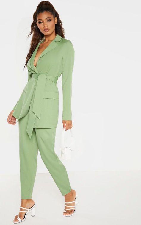 Tall Sage Green Tied Waist Suit Jacket, $55 Sage Green Suit, Green Suit Women, Green Suit, Power Dressing, Suit Trousers, Basic Jackets, Women Formals, High Neck Long Sleeve, Tall Women