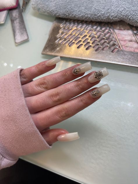 Chrome Hearts Nails, Vintage Nails, Chrome Hearts, Heart Nails, White Nails, Nail Inspo, Acrylic Nails, Nail Designs, Nails