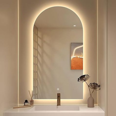 HZSCL Arch Bathroom LED Mirror With Light 40x60cm Arch Light Up Mirror For Bathroom Wall Mounted Vanity Mirror Dimmable 3 Color 50x80cm Smart Bathroom Light Arch Mirror (Size : 40x60cm/15.7x23.6in) : Amazon.co.uk: Home & Kitchen Backlight Mirror Bathroom, Lit Vanity Mirror, Bathroom Mirror And Lighting Ideas, Back Lit Mirror, Bathroom Mirror Aesthetic, Arch Bathroom, Mirror Led Lights, Light Arch, Bathroom Led Mirror