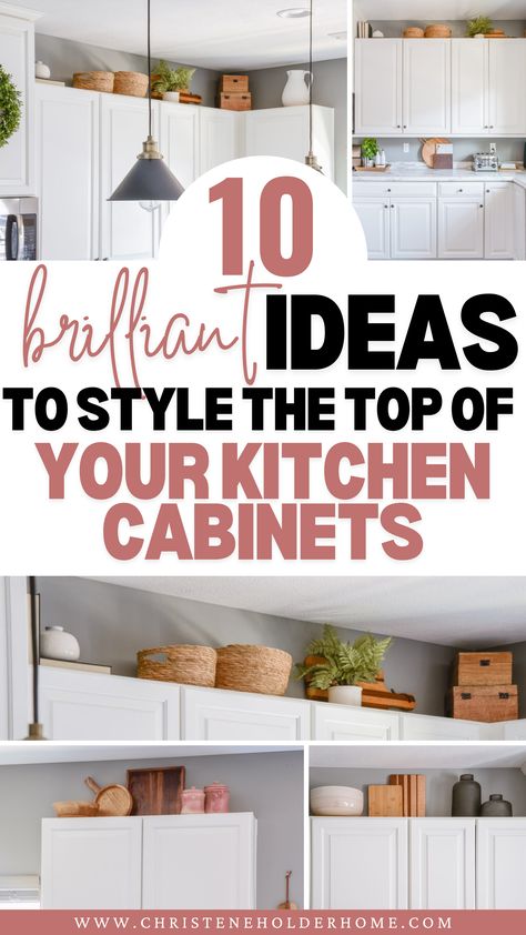 Looking for inspiration to spruce up the tops of your kitchen cabinets? Discover 10 creative and stylish ideas to transform that often-overlooked space! From elegant vases and greenery to unique collectibles and lighting, these budget-friendly tips will help you add a personal touch to your kitchen. Click now to explore and get inspired by the best ways to decorate the tops of your kitchen cabinets! Modern Top Of Cabinet Decor, How To Decor Top Of Kitchen Cabinets, Things To Put On Top Of Kitchen Cabinets, Plants On Kitchen Cabinets, How To Decorate Cabinet Tops, Decorating Top Of Kitchen Cabinets Ideas Farmhouse Style, What To Do With Space Above Kitchen Cabinets, How To Decorate A Large Kitchen Wall, How To Style A Kitchen