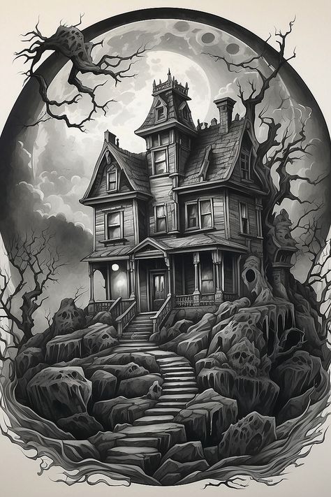 Creepy House Tattoo, Haunted House Tattoo Ideas, Castle On Fire Tattoo, Horror House Tattoo, Gothic House Tattoo, Haunted House Tattoo Design, Dark Horror Tattoo Designs, Tattoo Designs Dark, Tattoo Designs Realistic