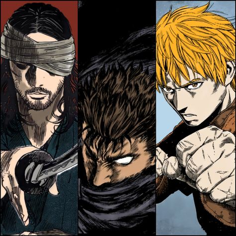 Guts, Thorfinn and Musashi Thorfinn And Musashi, Thorfinn Guts Musashi, Guts Thorfinn Musashi, Guts And Musashi, Dear Boys, Breaking Bad Poster, Vinland Saga, Poster Ideas, Memento Mori