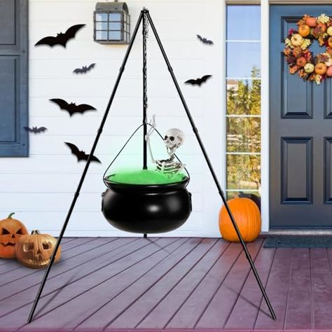 Outdoor Halloween Party, Outdoor Halloween Party Decorations, Halloween Witch Cauldron, Green String Lights, Witch's Cauldron, Green Spider, Witchs Cauldron, Witch Cauldron, Green Lights